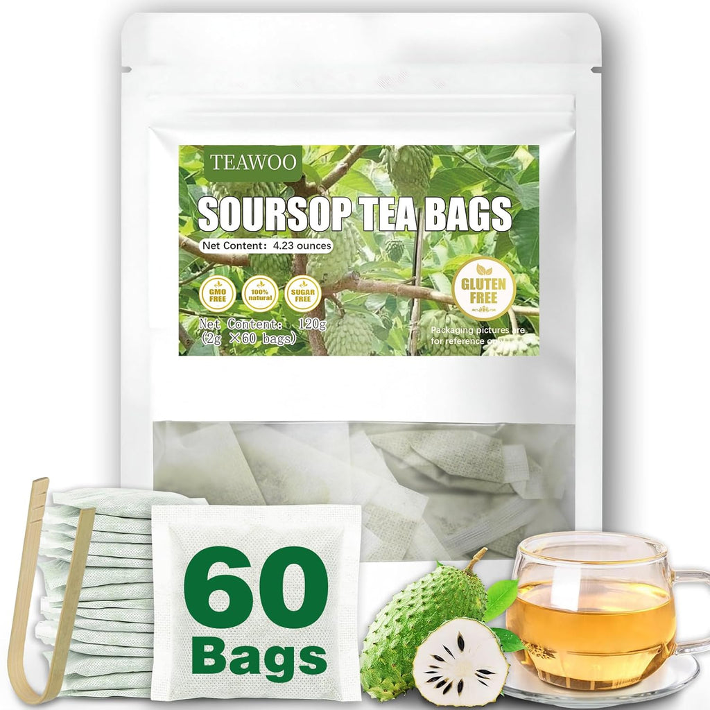 TEAWOO Soursop Tea Bags, 60 Packs 100% Natural Soursop Leaves (Hojas de Guanabana), Sugar-Free Caffeine-Free Gluten-Free Non-GMO Herbal Tea