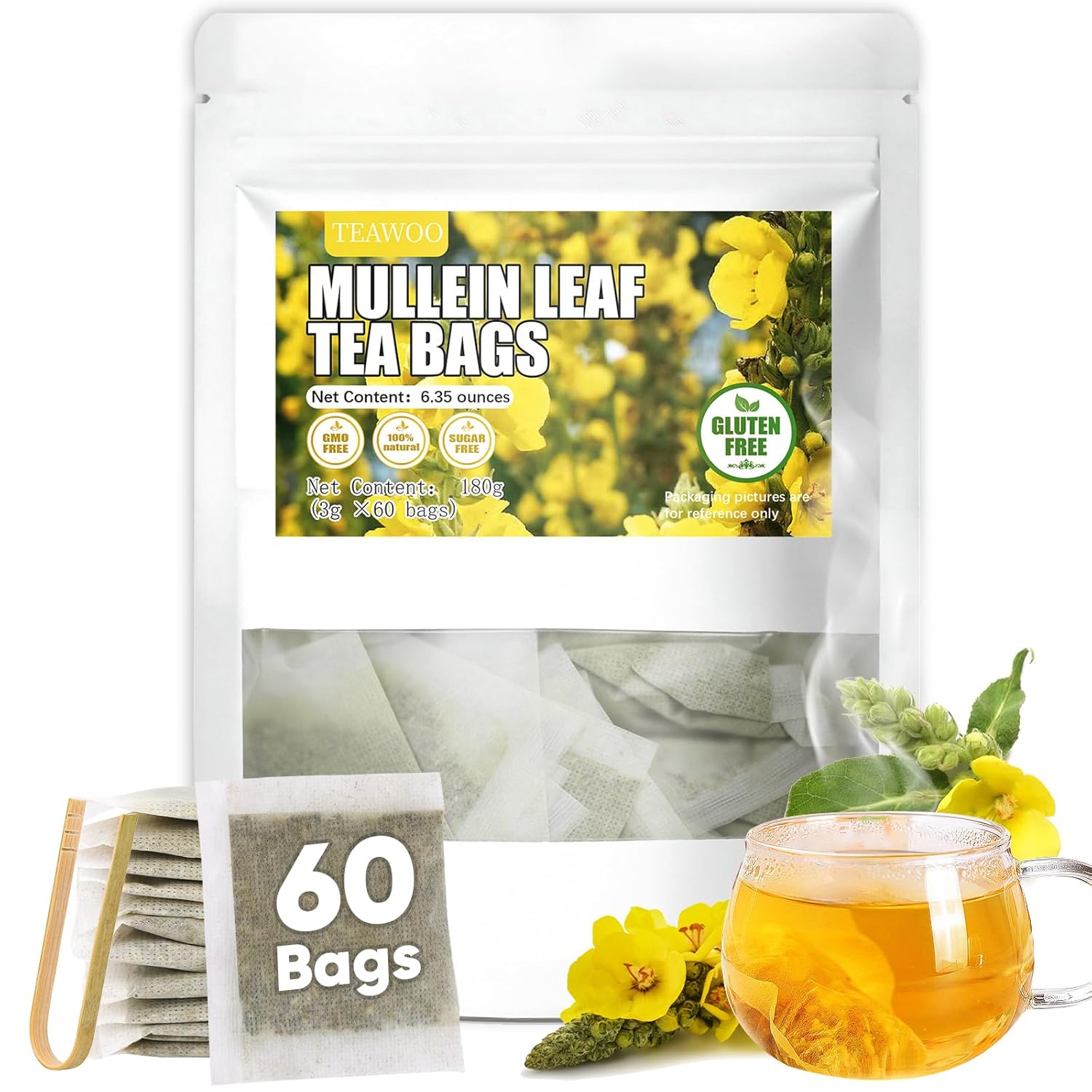TEAWOO 60 Mullein Leaf Tea Bags, From 100% Natural Mullein Leaves for Lungs Health and Respiratory Support, Gluten-Free, Vegan, Non GMO