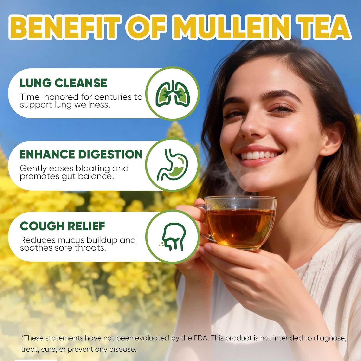 TEAWOO 60 Mullein Leaf Tea Bags, From 100% Natural Mullein Leaves for Lungs Health and Respiratory Support, Gluten-Free, Vegan, Non GMO