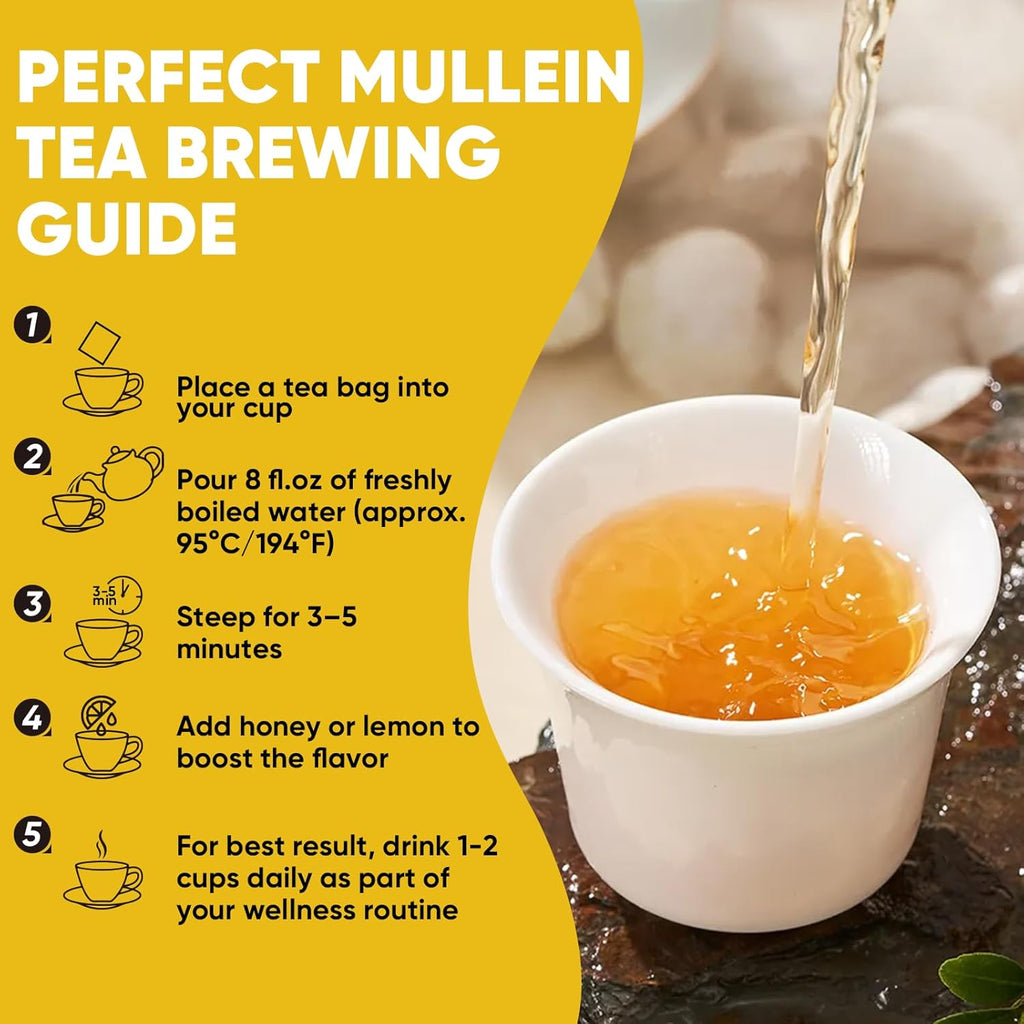 TEAWOO 60 Mullein Leaf Tea Bags, From 100% Natural Mullein Leaves for Lungs Health and Respiratory Support, Gluten-Free, Vegan, Non GMO