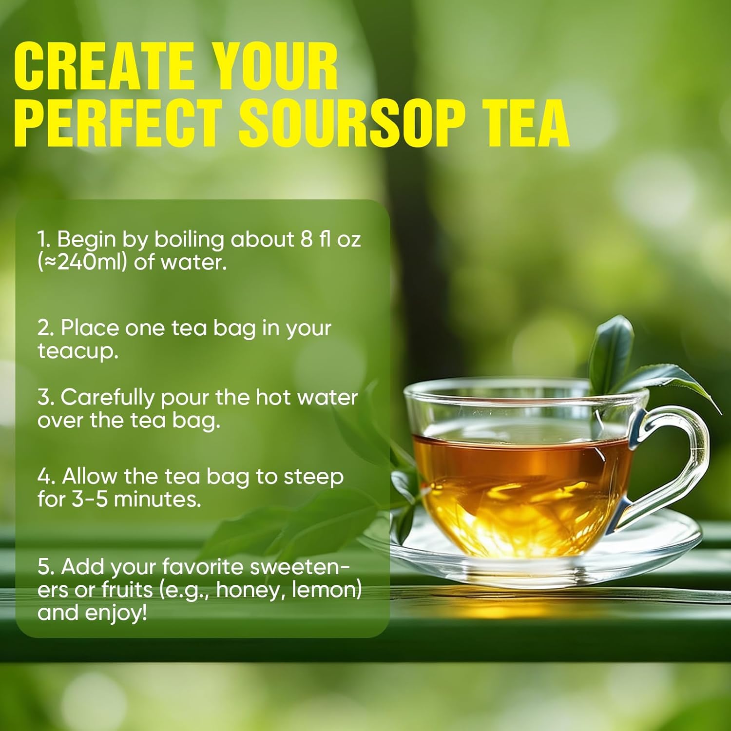 TEAWOO Soursop Tea Bags, 60 Packs 100% Natural Soursop Leaves (Hojas de Guanabana), Sugar-Free Caffeine-Free Gluten-Free Non-GMO Herbal Tea